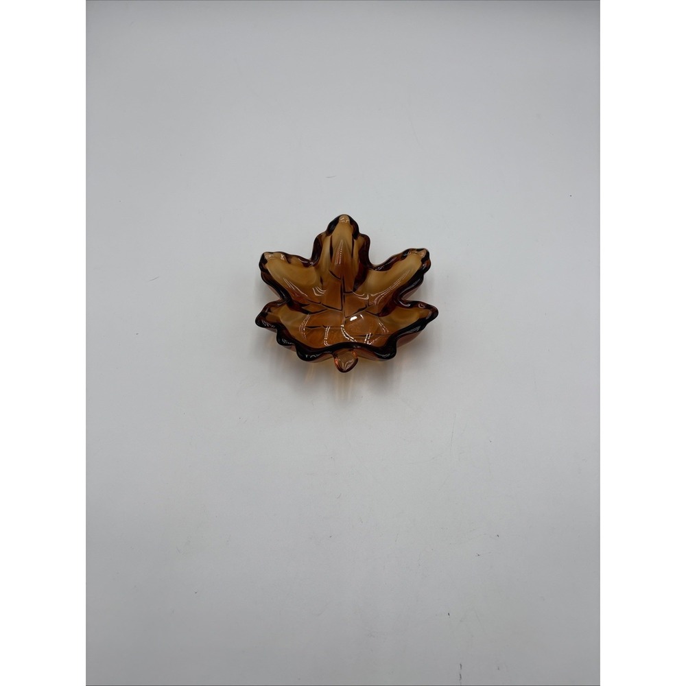 Vintage Amber Glass Leaf Trinket Dish Autumn Décor Ashtray Excellent